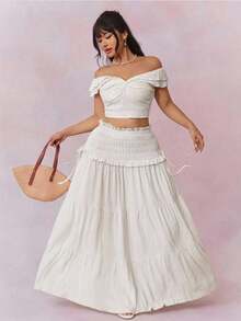 CovetEZ Spring/Summer New Solid Color Textured Striped Print Twist Front Crop Top And Mini Skirt Holiday Casual Boho Plus Size 2-Piece Set Party White - Beige - View 2