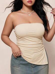 CovetEZ Plus Size Beige Pleated Slit Strapless Knit Stretch Top Holiday Summer Sexy Date Night Rave - Apricot - View 1