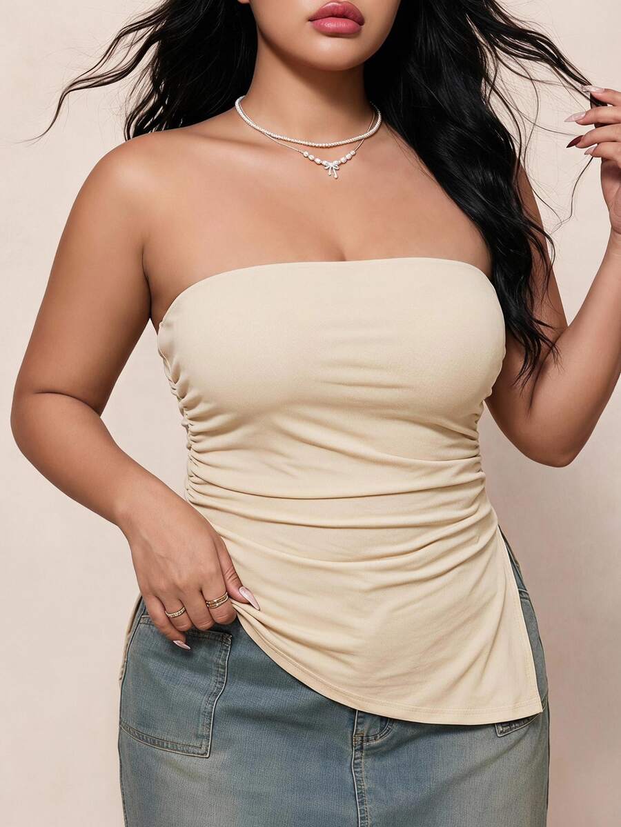 CovetEZ Plus Size Beige Pleated Slit Strapless Knit Stretch Top Holiday Summer Sexy Date Night Rave - Apricot - View 1