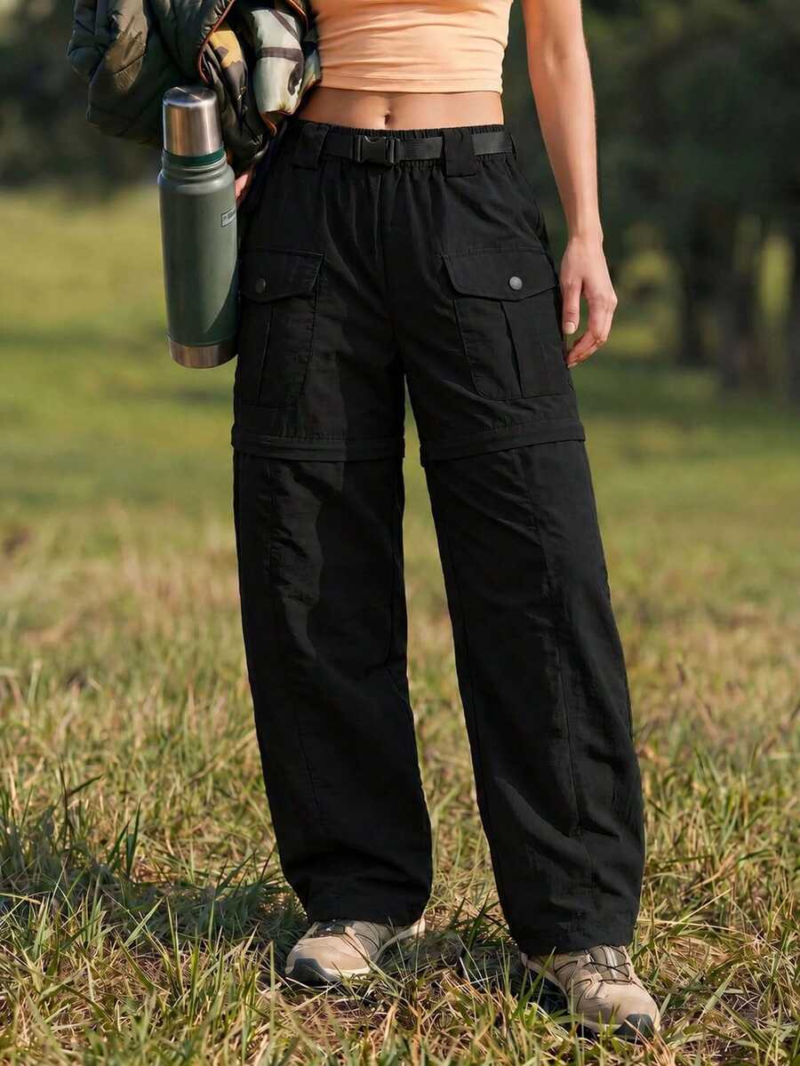 Exploreva Exploreva 女款工裝口袋直筒休閒登山長褲 - 黑色 - 查看 1