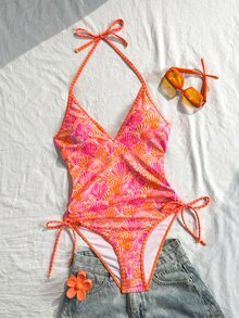 Swim Vcay 2026 Spring/Summer Orange Random Shell Print Slim Fit Halter Neck Spaghetti Strap One-Piece Bikini Swimsuit For Women Vacation - Multicolor - View 4