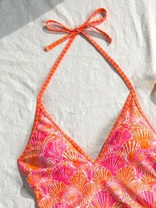 Swim Vcay 2026 Spring/Summer Orange Random Shell Print Slim Fit Halter Neck Spaghetti Strap One-Piece Bikini Swimsuit For Women Vacation - Multicolor - View 5