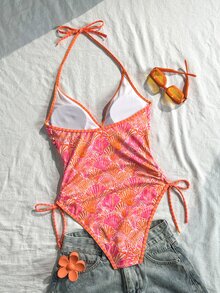 Swim Vcay 2026 Spring/Summer Orange Random Shell Print Slim Fit Halter Neck Spaghetti Strap One-Piece Bikini Swimsuit For Women Vacation - Multicolor - View 2