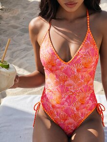 Swim Vcay 2026 Spring/Summer Orange Random Shell Print Slim Fit Halter Neck Spaghetti Strap One-Piece Bikini Swimsuit For Women Vacation - Multicolor - View 1