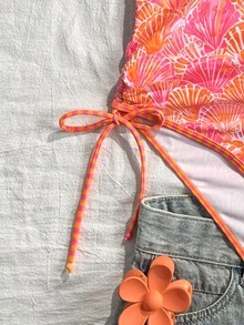 Swim Vcay 2026 Spring/Summer Orange Random Shell Print Slim Fit Halter Neck Spaghetti Strap One-Piece Bikini Swimsuit For Women Vacation - Multicolor - View 6