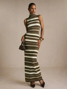 Poéselle Robe tricotée ajustée sans manches à col montant, rayée et blocs de couleurs, mode automne/hiver pour femmes - Militaire verte - Voir 2