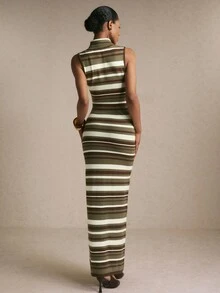 Poéselle Robe tricotée ajustée sans manches à col montant, rayée et blocs de couleurs, mode automne/hiver pour femmes - Militaire verte - Voir 4