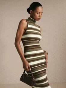 Poéselle Robe tricotée ajustée sans manches à col montant, rayée et blocs de couleurs, mode automne/hiver pour femmes - Militaire verte - Voir 1