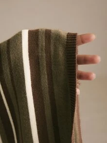 Poéselle Robe tricotée ajustée sans manches à col montant, rayée et blocs de couleurs, mode automne/hiver pour femmes - Militaire verte - Voir 7