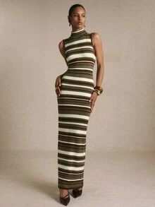 Poéselle Robe tricotée ajustée sans manches à col montant, rayée et blocs de couleurs, mode automne/hiver pour femmes - Militaire verte - Voir 5