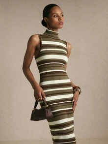 Poéselle Robe tricotée ajustée sans manches à col montant, rayée et blocs de couleurs, mode automne/hiver pour femmes - Militaire verte - Voir 3
