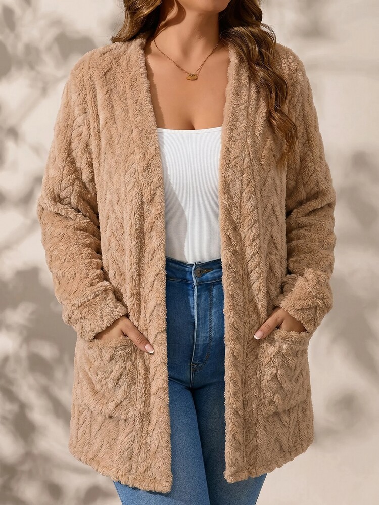 Reflora Camel Knit Pocket Long Sleeve Loose Plus Size Jacket Fall - Apricot - View 9