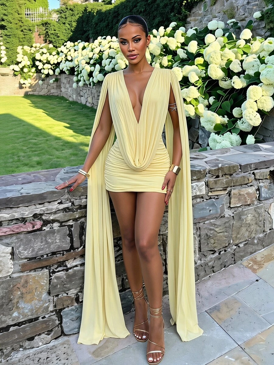 Slaydiva فستان كوكتيل أنيق لحفلات الزفاف مع ياقة منسدلة وشال وشريط وتصميم V عميق، إحساس انسيابي من الشبك، قابل للعكس، مناسب للمناسبات العادية والرسمية، فستان قصير للنساء-A