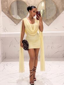 Slaydiva فستان كوكتيل أنيق لحفلات الزفاف مع ياقة منسدلة وشال وشريط وتصميم V عميق، إحساس انسيابي من الشبك، قابل للعكس، مناسب للمناسبات العادية والرسمية، فستان قصير للنساء-A - أبيض - مشاهدة 8