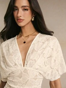 Poéselle Women's Deep V-Neck Floral Lace Batwing Short Sleeve Sexy Top - White - View 4