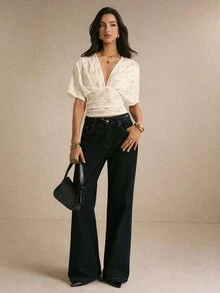 Poéselle Women's Deep V-Neck Floral Lace Batwing Short Sleeve Sexy Top - White - View 3