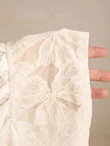 Poéselle Women's Deep V-Neck Floral Lace Batwing Short Sleeve Sexy Top - White - View 10