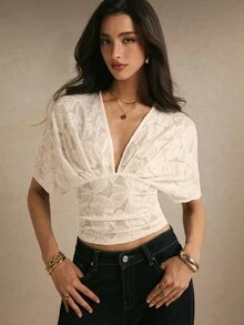 Poéselle Women's Deep V-Neck Floral Lace Batwing Short Sleeve Sexy Top - White - View 2