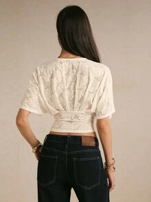 Poéselle Women's Deep V-Neck Floral Lace Batwing Short Sleeve Sexy Top - White - View 9