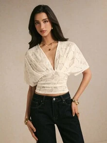 Poéselle Women's Deep V-Neck Floral Lace Batwing Short Sleeve Sexy Top - White - View 6