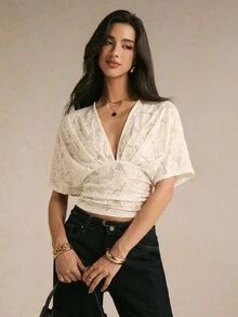 Poéselle Women's Deep V-Neck Floral Lace Batwing Short Sleeve Sexy Top - White - View 8