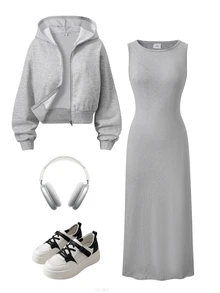 Teen Girls Spring/Autumn Grey Hooded Zip-Up Cropped Sweatshirt + Fitted Sleeveless Midi Dress 2 Pieces Casual Set - Grey - View 3