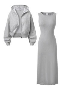 Teen Girls Spring/Autumn Grey Hooded Zip-Up Cropped Sweatshirt + Fitted Sleeveless Midi Dress 2 Pieces Casual Set - Grey - View 7