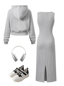 Teen Girls Spring/Autumn Grey Hooded Zip-Up Cropped Sweatshirt + Fitted Sleeveless Midi Dress 2 Pieces Casual Set - Grey - View 2