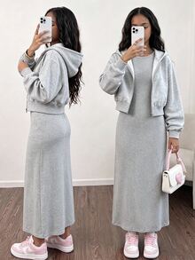 Teen Girls Spring/Autumn Grey Hooded Zip-Up Cropped Sweatshirt + Fitted Sleeveless Midi Dress 2 Pieces Casual Set - Grey - View 1