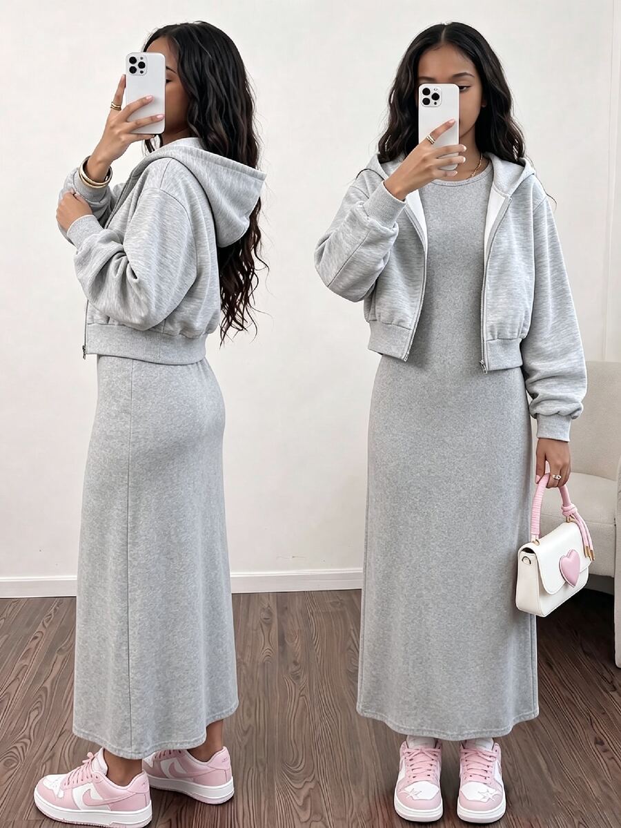Teen Girls Spring/Autumn Grey Hooded Zip-Up Cropped Sweatshirt + Fitted Sleeveless Midi Dress 2 Pieces Casual Set - Grey - View 1
