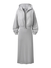 Teen Girls Spring/Autumn Grey Hooded Zip-Up Cropped Sweatshirt + Fitted Sleeveless Midi Dress 2 Pieces Casual Set - Grey - View 8