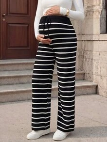 SHEIN بنطلون حوامل أسود كاجوال أنيق بقصة واسعة وخصر قابل للتعديل من قماش محبوك، مناسب لجلسات التصوير الرسمية في فصل الخريف - أبيض وأسود - مشاهدة 1