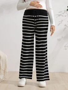 SHEIN بنطلون حوامل أسود كاجوال أنيق بقصة واسعة وخصر قابل للتعديل من قماش محبوك، مناسب لجلسات التصوير الرسمية في فصل الخريف - أبيض وأسود - مشاهدة 3