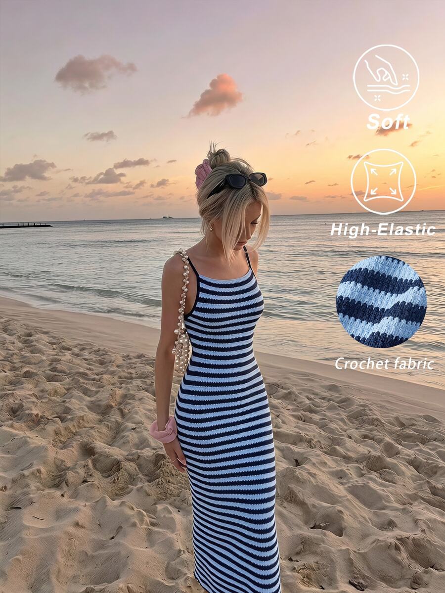 SHEIN MOD 女款度假條紋拼接細肩帶洋裝 - 藏蓝色 - 查看 1