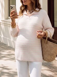 Momance Maternity White Colorblock Casual Baggy Daily Long Sleeve Sweater Autumn Formal Vacation - Multicolor - View 8