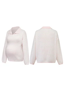 Momance Maternity White Colorblock Casual Baggy Daily Long Sleeve Sweater Autumn Formal Vacation - Multicolor - View 3