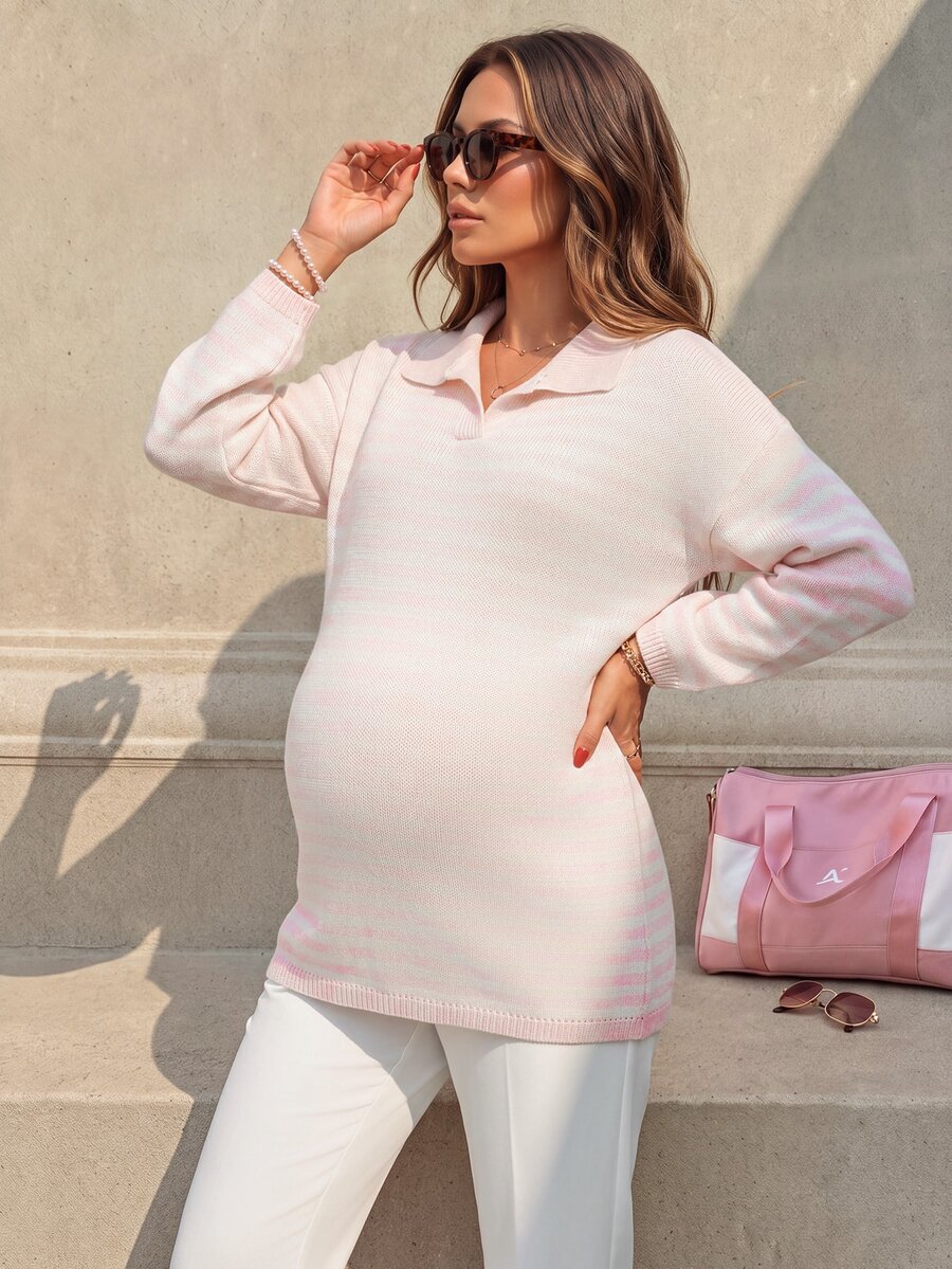 Momance Maternity White Colorblock Casual Baggy Daily Long Sleeve Sweater Autumn Formal Vacation - Multicolor - View 1