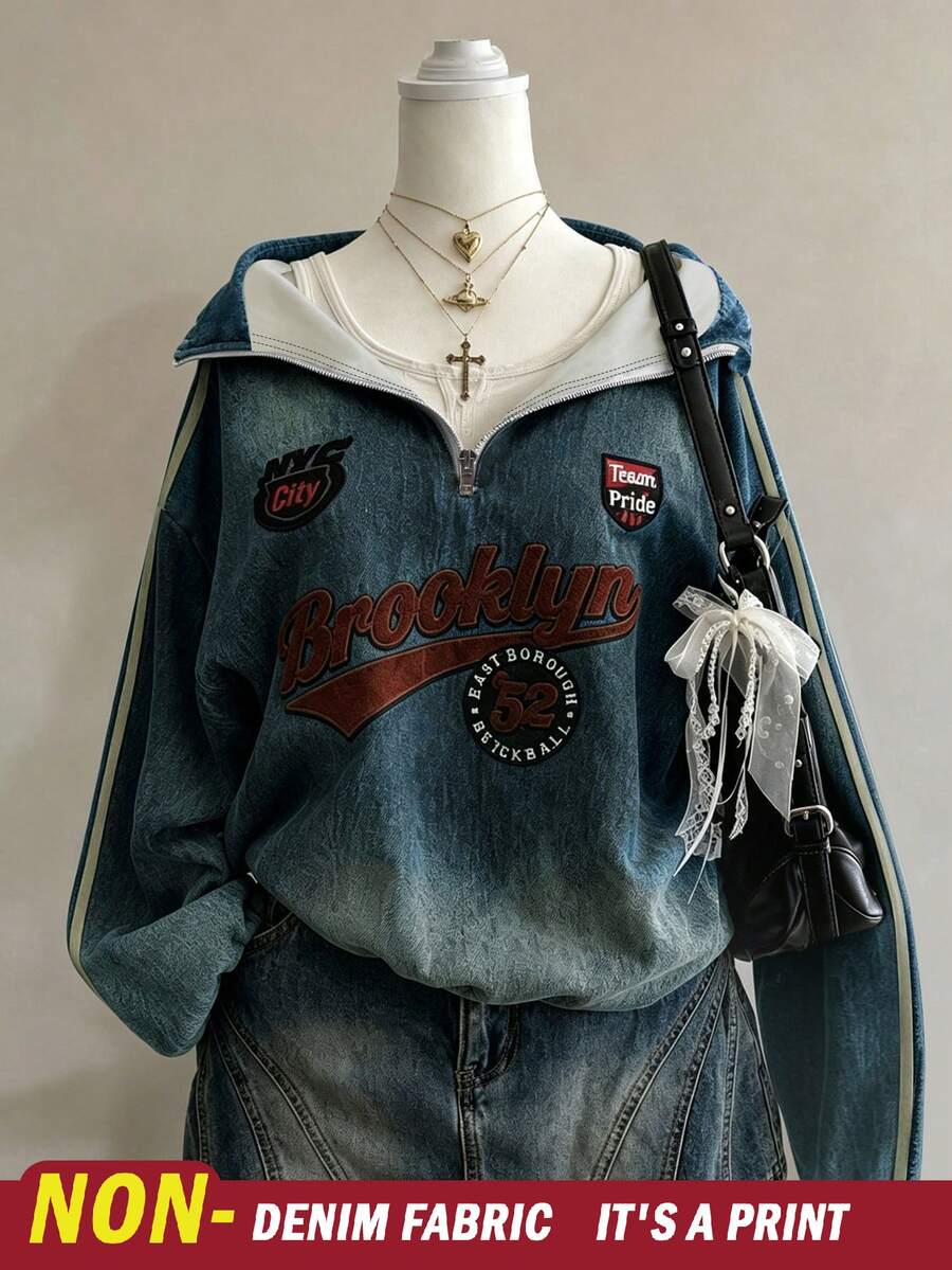 SHEIN Sparklyn 青少年女孩半拉鍊字母印花丹寧效果運動衫 - 彩色 - 查看 1