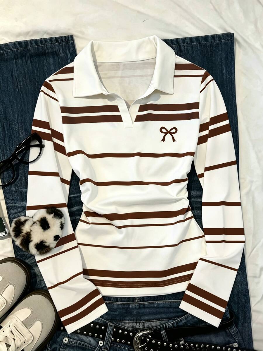 IslaSuriya 女款條紋印花蝴蝶結刺繡長袖 Polo 衫,休閒修身翻領 V 領上衣 - 白色 - 查看 1