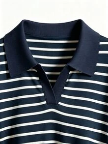 SHEIN Franclia 女款休閒條紋 Polo 領短袖 T 恤，適合日常穿著與通勤 - 藍色 - 查看 3