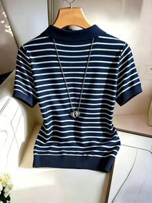 SHEIN Franclia 女款休閒條紋 Polo 領短袖 T 恤，適合日常穿著與通勤 - 藍色 - 查看 2