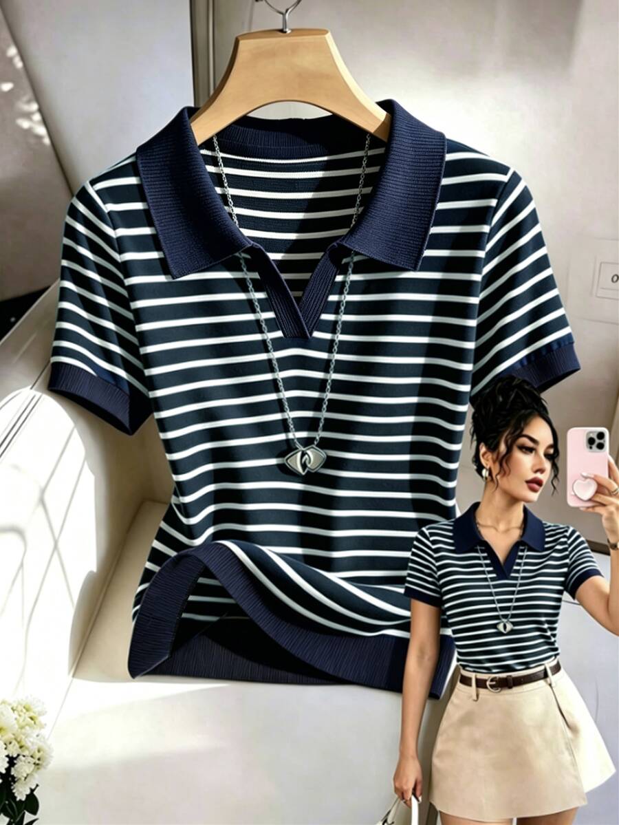 SHEIN Franclia 女款休閒條紋 Polo 領短袖 T 恤,適合日常穿著與通勤 - 藍色 - 查看 1