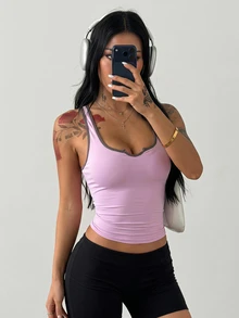 Coolane Women's Summer Streetwear Going Out Stretchy Comfortable Gym Yoga Sport Notched Pink Tank Tops - Pink - View 3