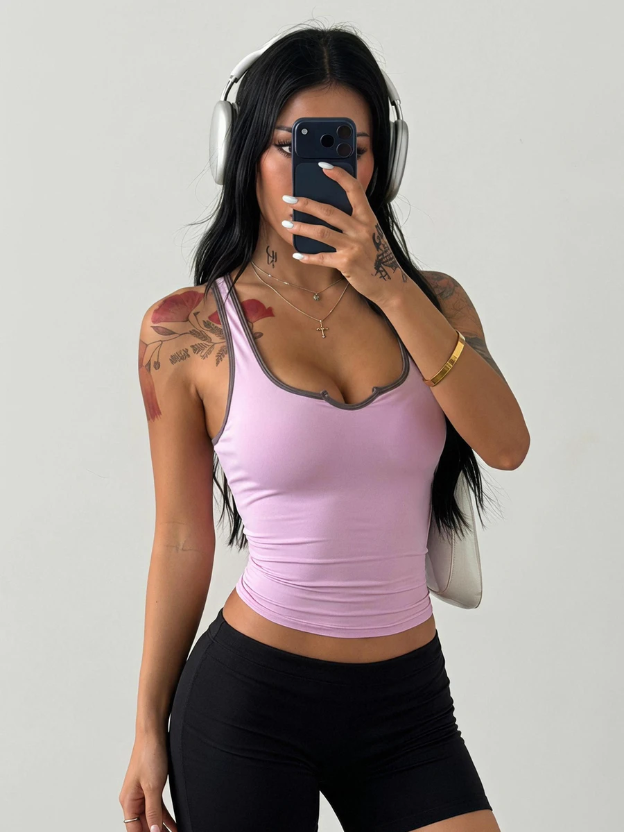 Coolane Women's Summer Streetwear Going Out Stretchy Comfortable Gym Yoga Sport Notched Pink Tank Tops - Pink - View 1