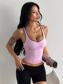 Coolane Women's Summer Streetwear Going Out Stretchy Comfortable Gym Yoga Sport Notched Pink Tank Tops - Pink - View 6
