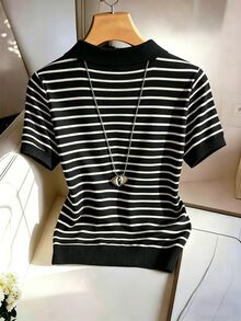 SHEIN Franclia 女款休閒條紋 Polo 領短袖 T 恤，適合日常穿著與通勤 - 黑色 - 查看 2