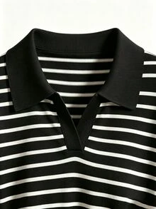 SHEIN Franclia 女款休閒條紋 Polo 領短袖 T 恤，適合日常穿著與通勤 - 黑色 - 查看 3