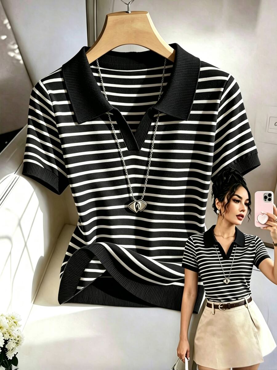 SHEIN Franclia 女款休閒條紋 Polo 領短袖 T 恤,適合日常穿著與通勤 - 黑色 - 查看 1