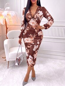 SOLERSUN Sexy Elegant Commuter Women's Brown Dress With Floral Pattern, Autumn/Winter Apparel (Random Floral) - Brown - View 3