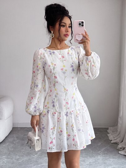 Elenzga Women's White Eyelet Floral Print Long‑Sleeve Mini Dress, For Brunch Vacation Dating & Daily Commute, Fall‑Winter Vibe Outfit